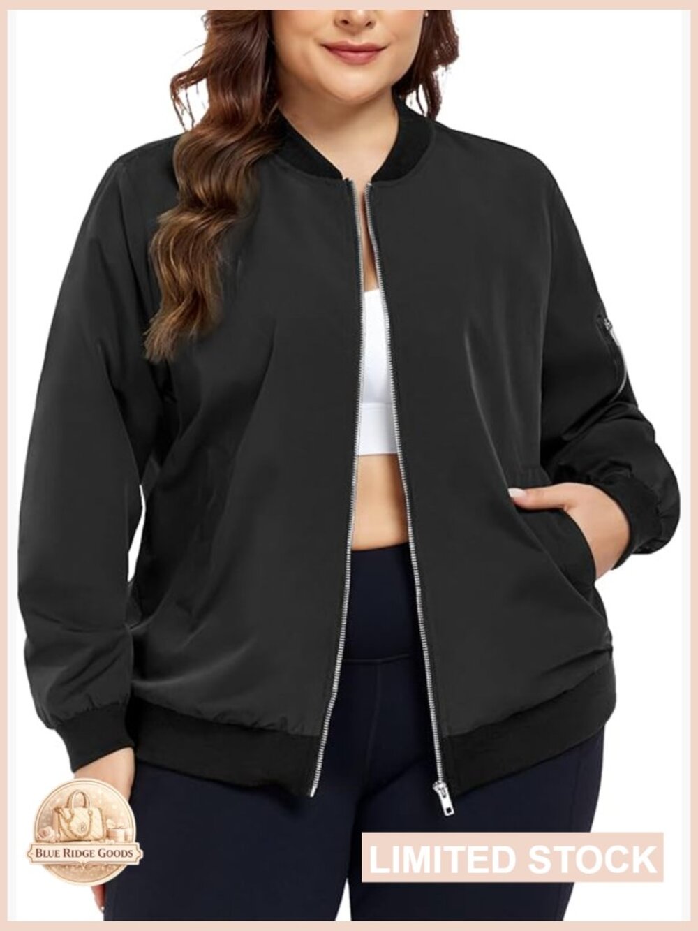 Plus Size Bomber Jacket Lightweight Cropped Zip Up Coat Casual Windbreaker